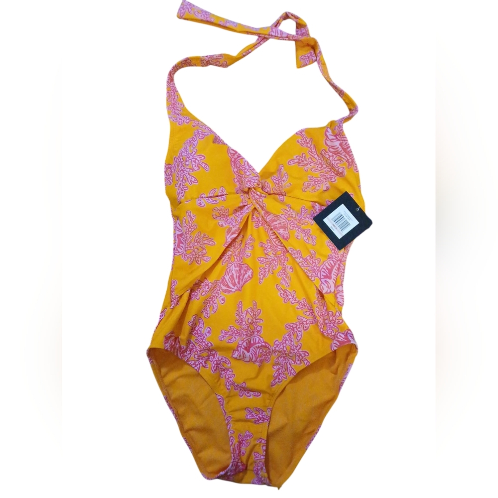 NWT ELLEN TRACY Halter one piece swimsuit.  Orange & Pink.  Womens.  Size 10